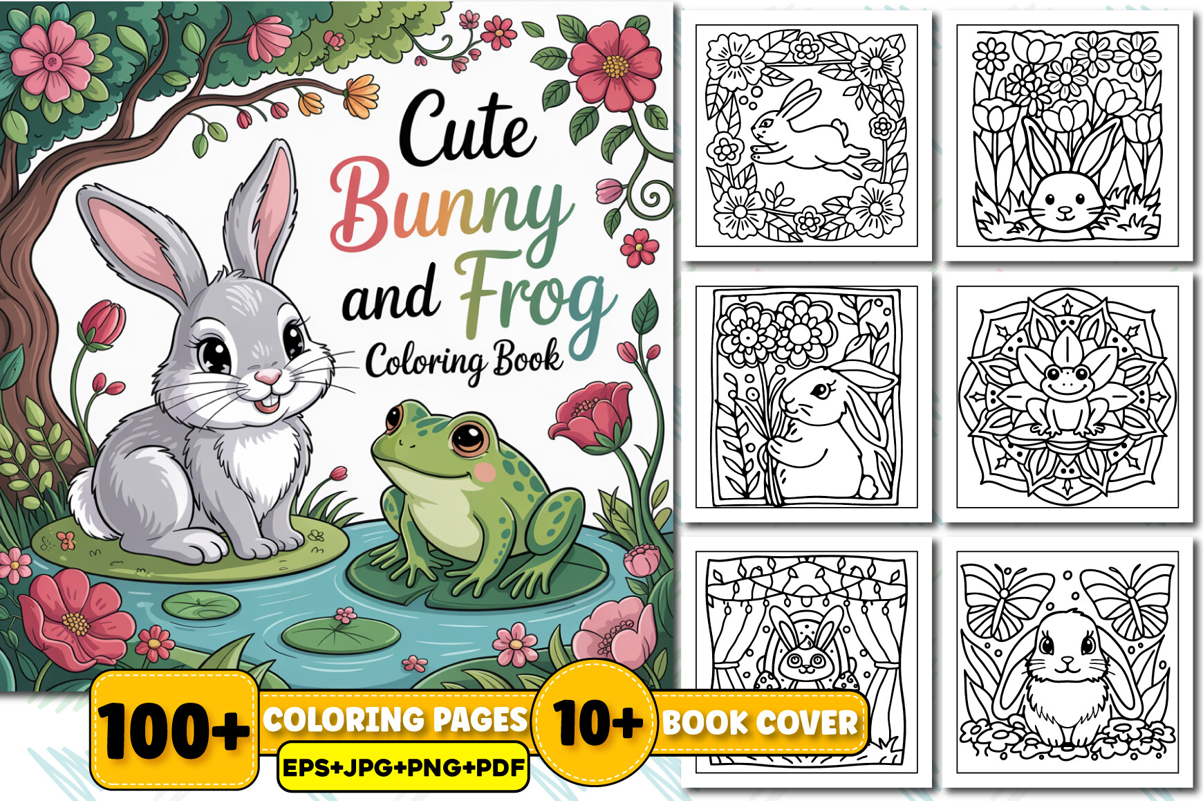 Cute Bunny and Frog Coloring Book Adults