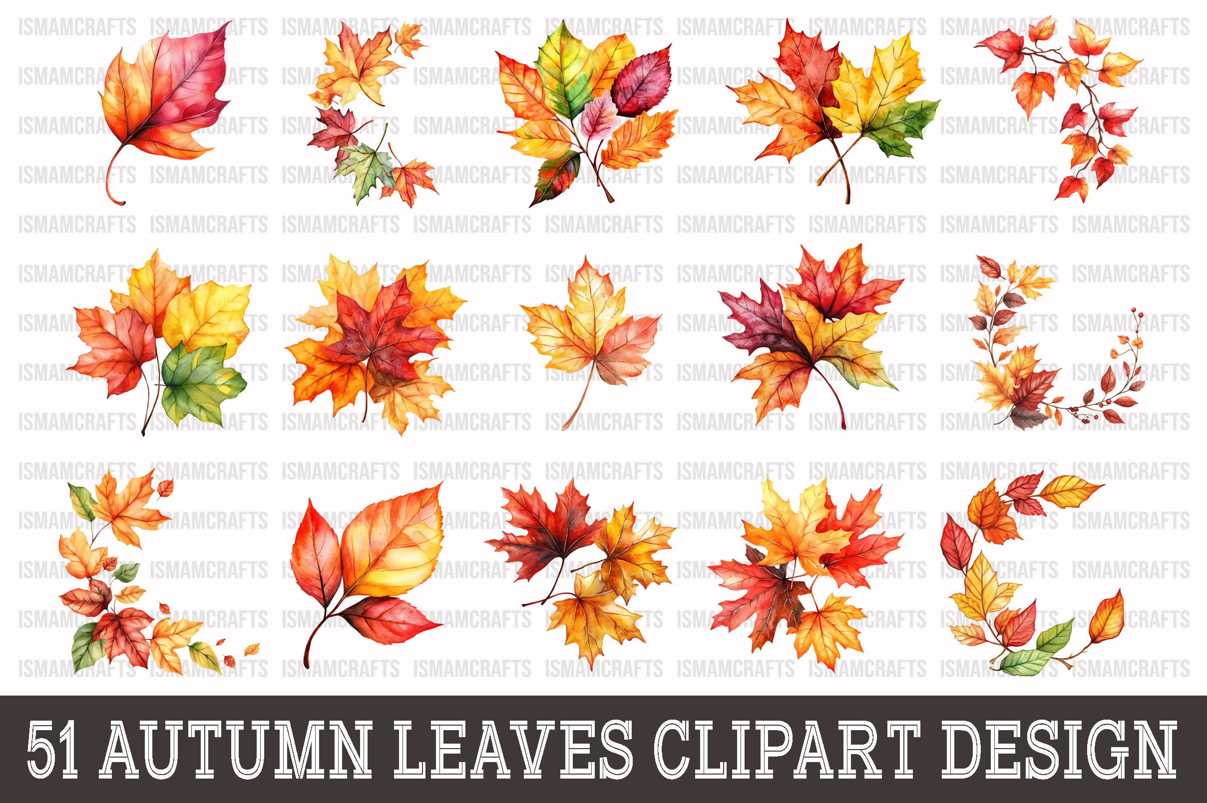 Autumn Leaves Watercolor Clipart Bundle Graphic by IsmamCrafts ...