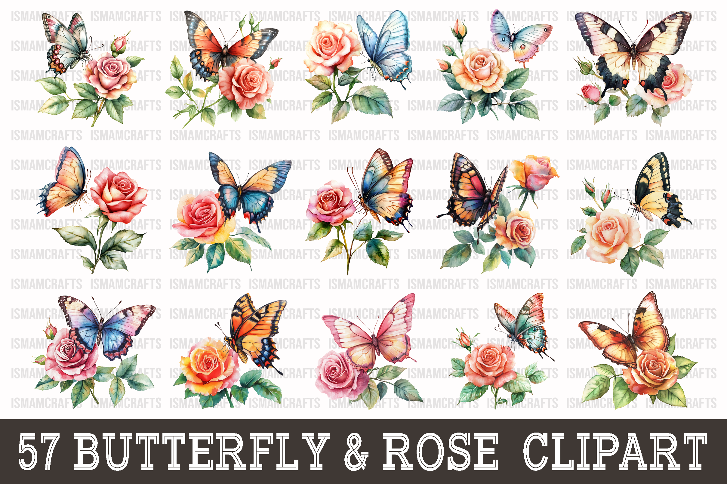 Butterfly and Rose Watercolor Clipart Graphic by IsmamCrafts · Creative ...