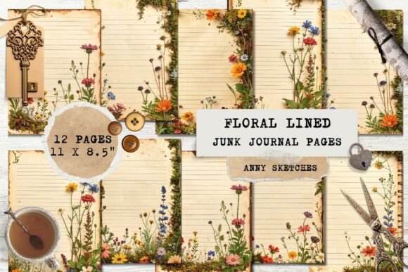 Vintage Floral Junk Journal Pages Gráfico Ilustrações para Impressão Por Anny Sketches