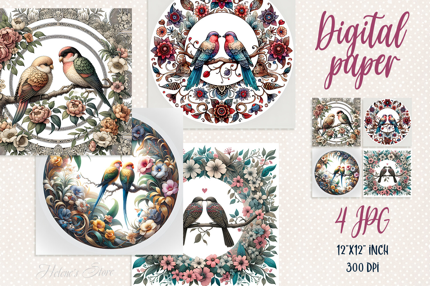Cute Tropical Birds Digital Paper Set Graphic by Helene's store ...