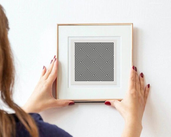 Modern Black White Geometric Stitch Art
