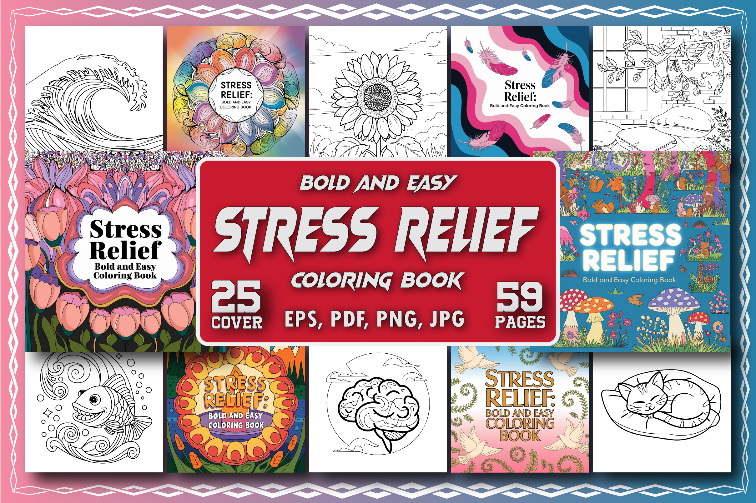 Stress Relief Adult Coloring Pages Graphic by Teefog · Creative Fabrica