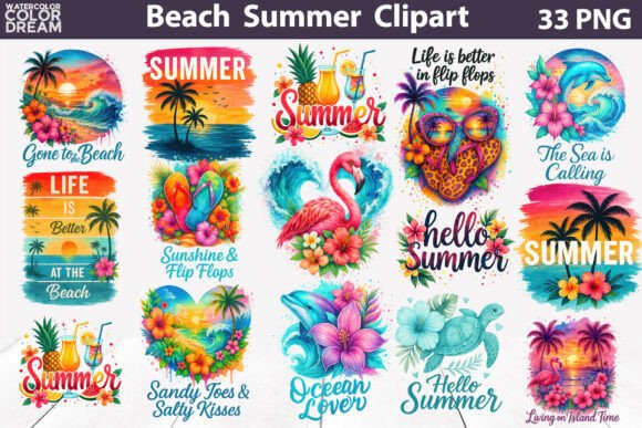 beach summer clipart bundle png with seaside elements, simple and clean summer graphics