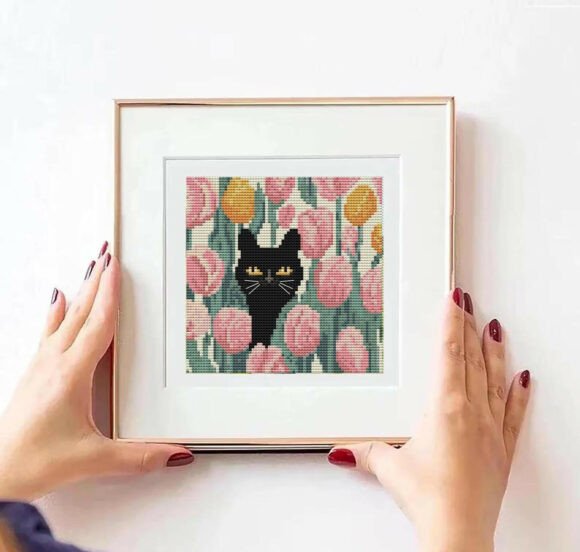 Black Cat in Tulip Field Cross Stitch PD