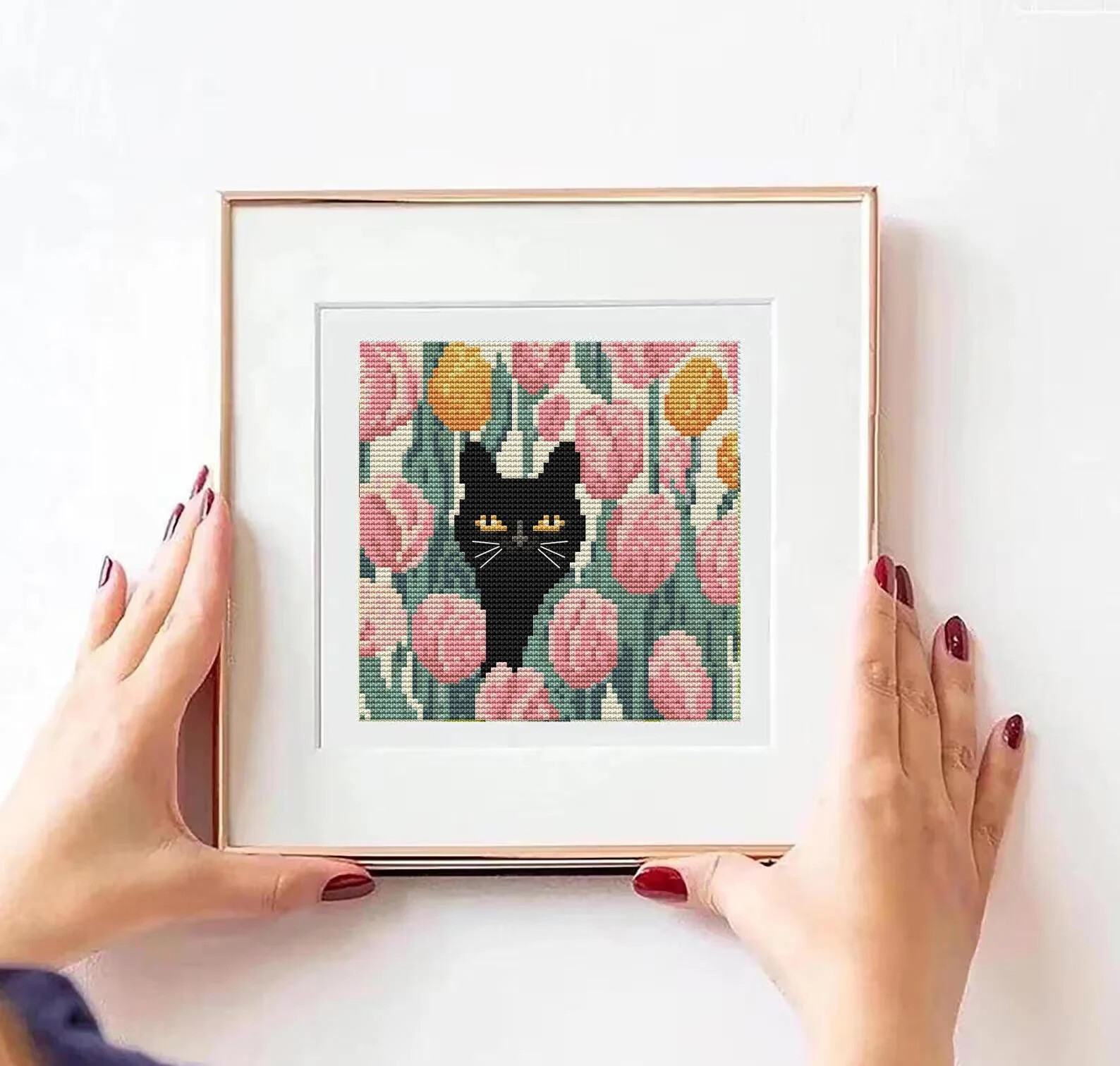 Black Cat in Tulip Field Cross Stitch PD