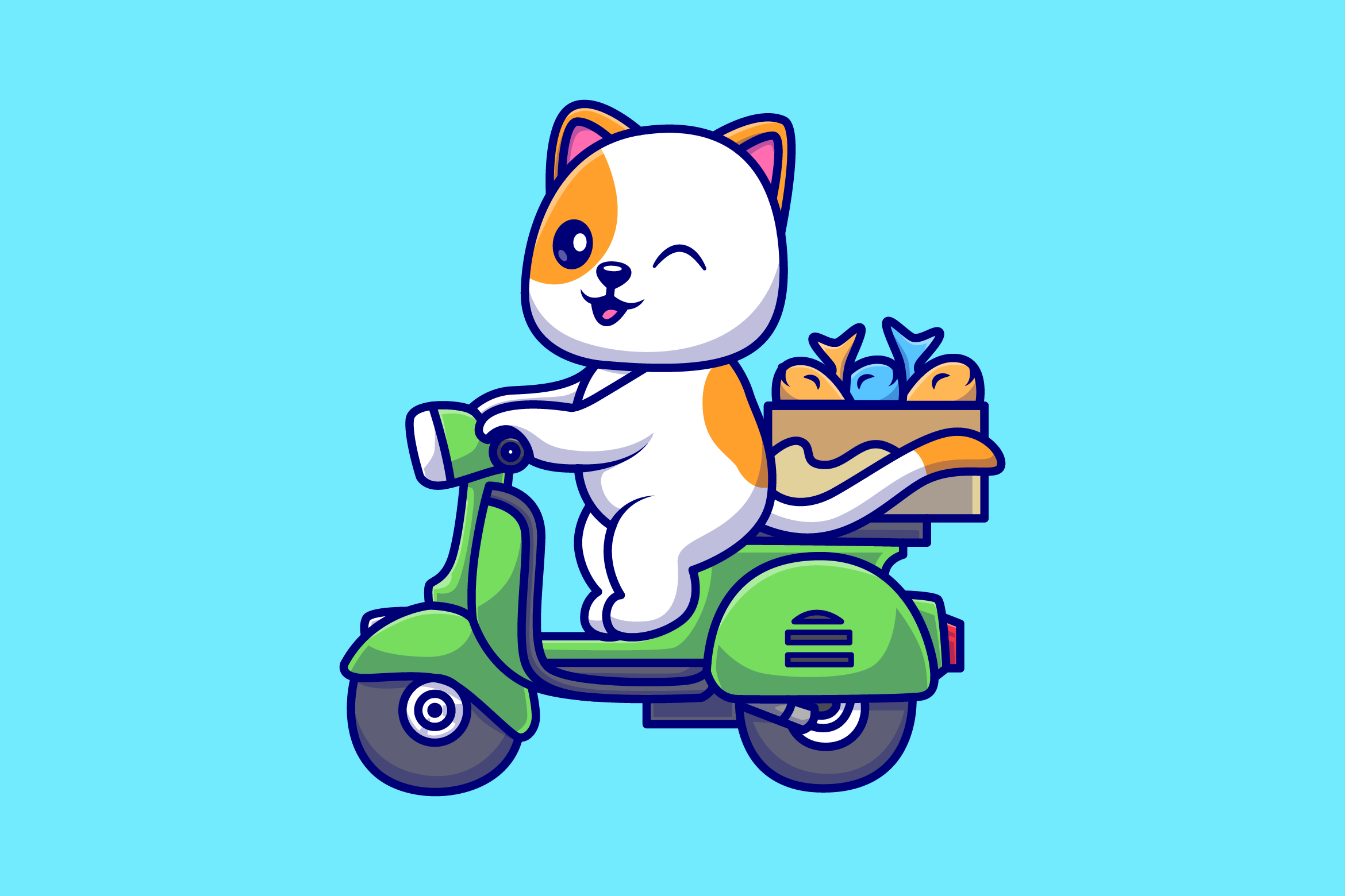Cute Cat Riding Scooter with Fish Box Graphic by catalyststuff ...