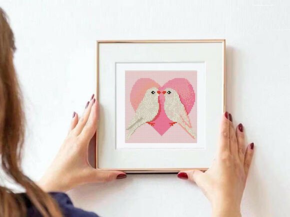 Cute Love Birds Heart Cross Stitch Patte