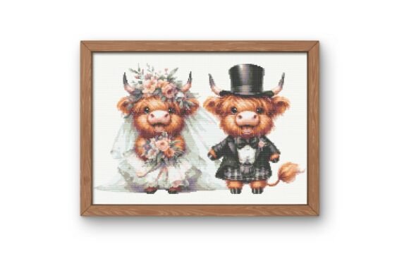 Highland Cow Wedding Couple Cross Stitch