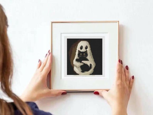 Sweet Ghost Holding Black Cat Cross Stit