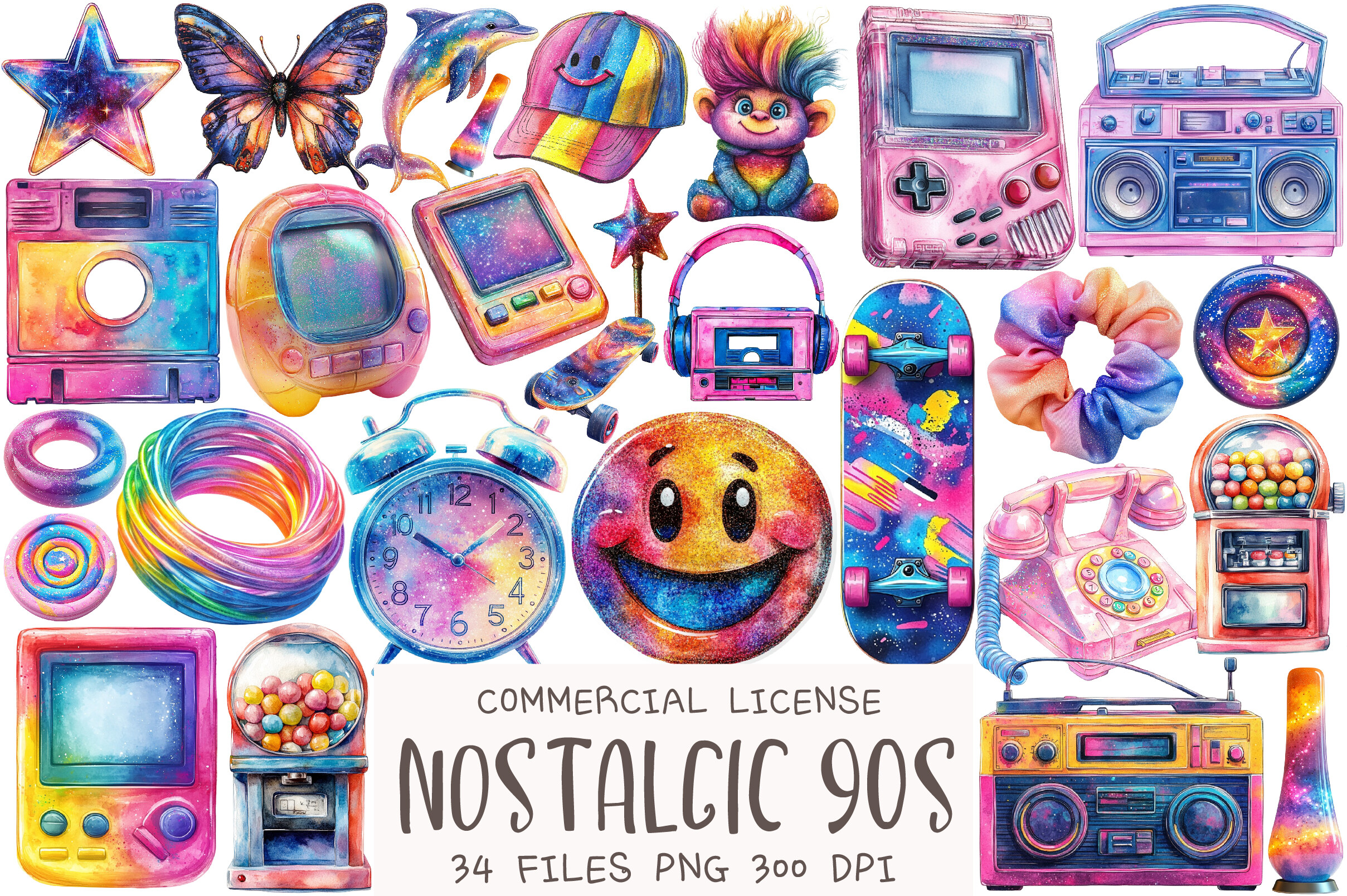 Watercolor Nostalgic 90s Clipart