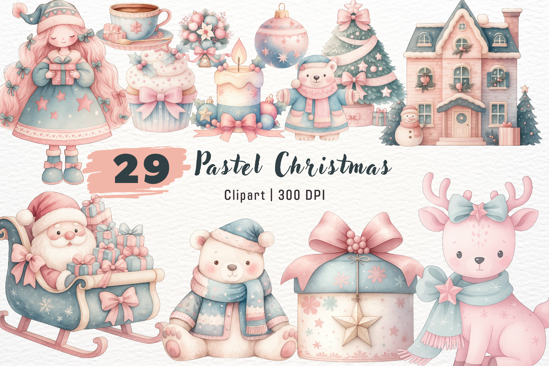 Watercolor Pastel Christmas Clipart Set Graphic by Skye Design ...