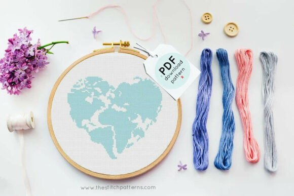Blue Heart World Map Cross Stitch PDF