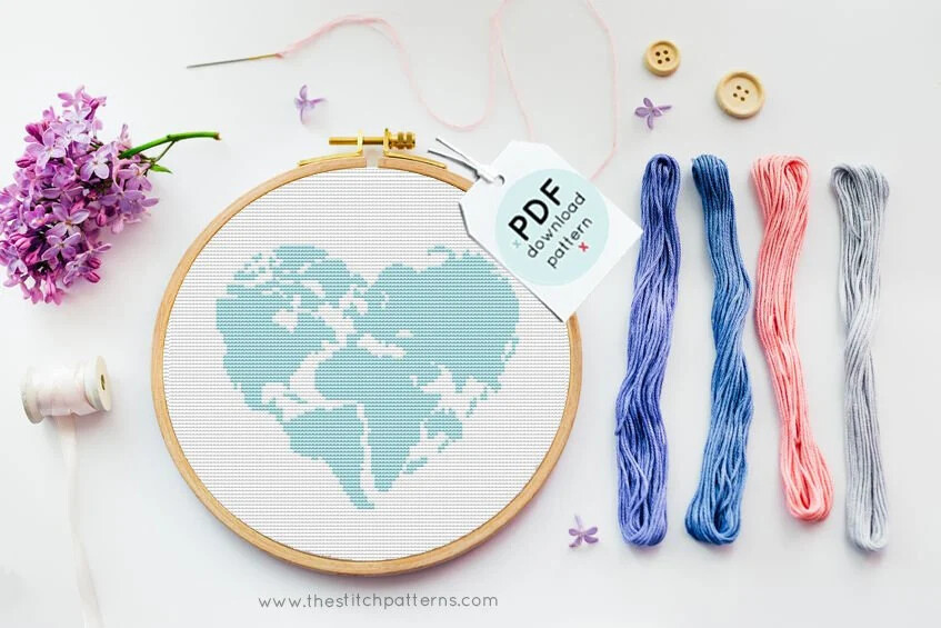 Blue Heart World Map Cross Stitch PDF
