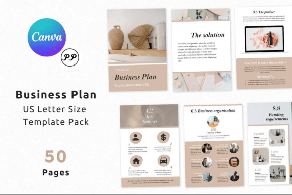 Canva Business Plan Template with startup planning pages