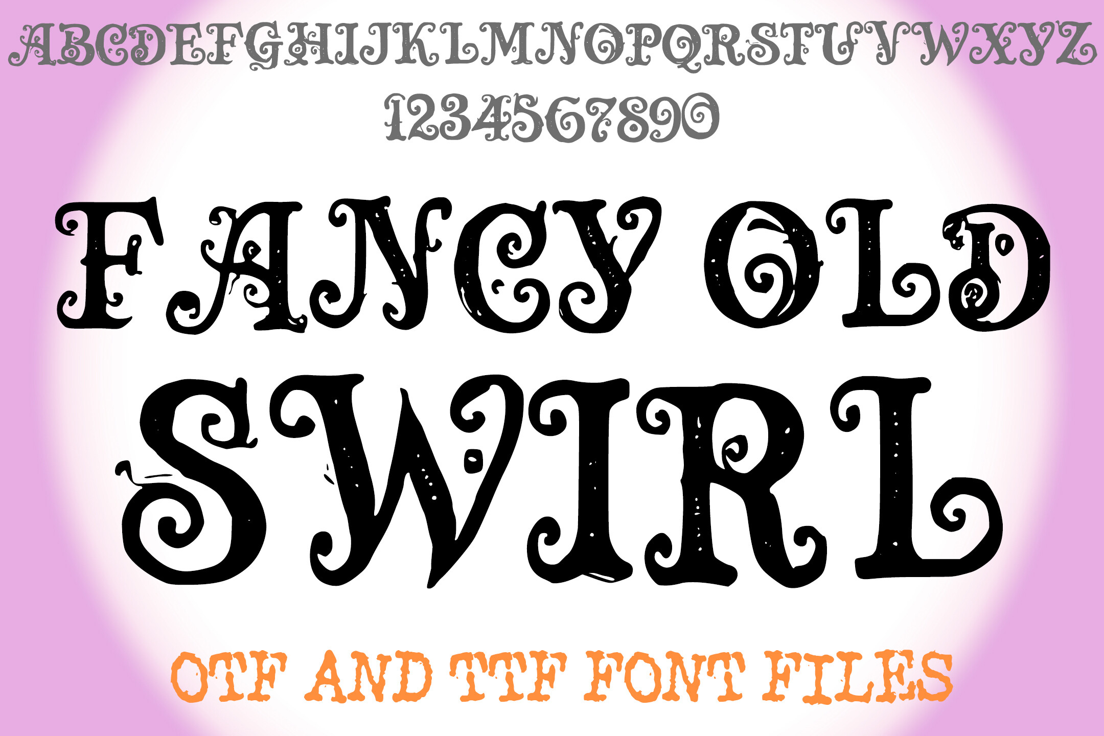 Fancy Old Swirl decorative font preview with swirling vintage letterforms