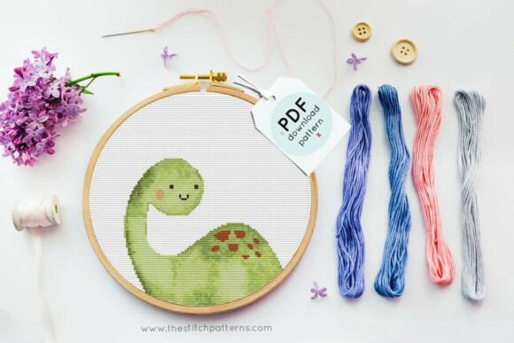 Green Baby Dinosaur Long Neck Cross Stit
