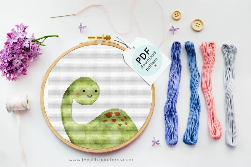 Green Baby Dinosaur Long Neck Cross Stit