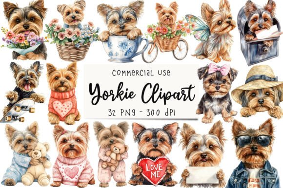 Watercolor yorkie clipart bundle for sublimation tumblers mugs shirts keychains