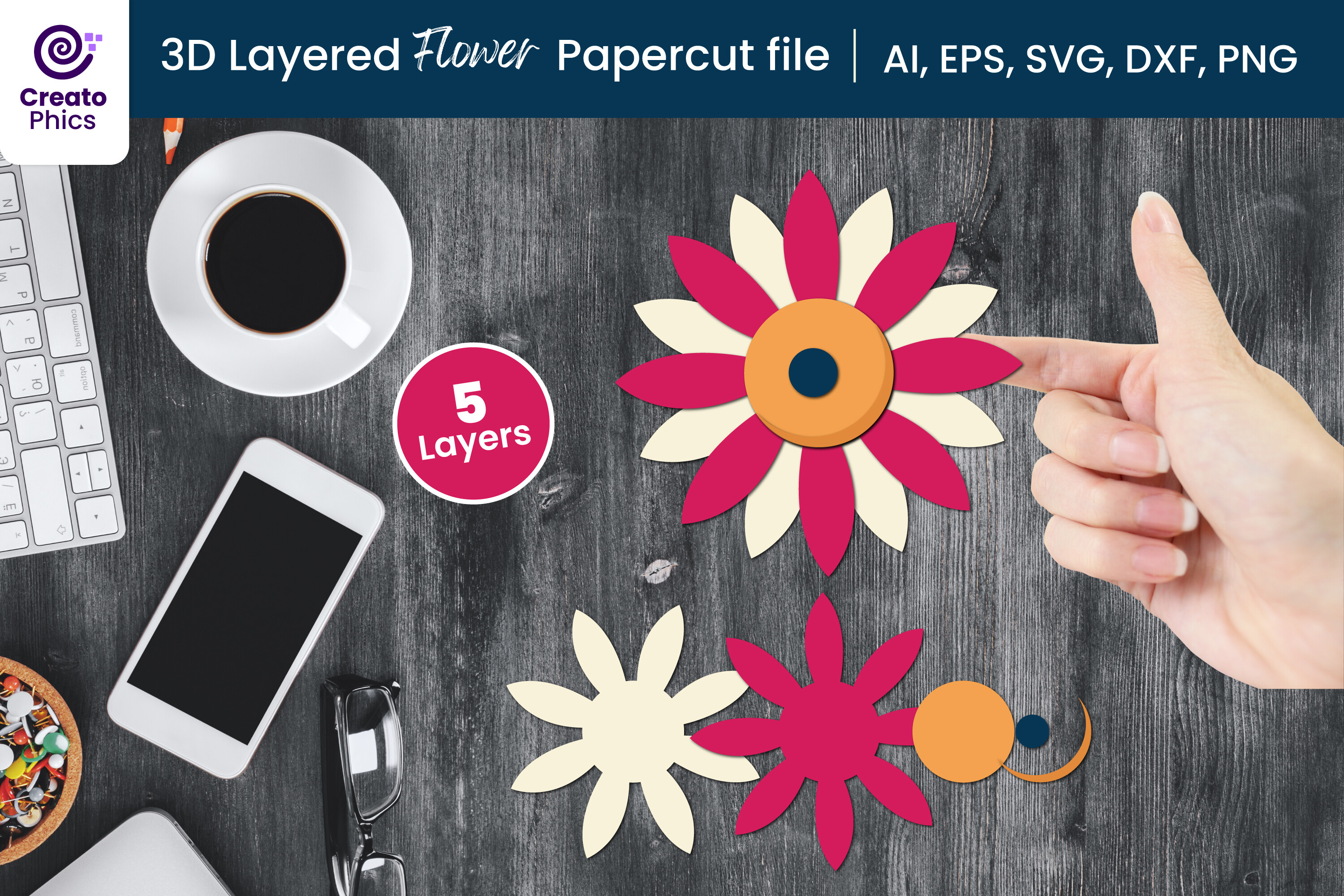 3D Layered Floral Paper · Creative Fabrica