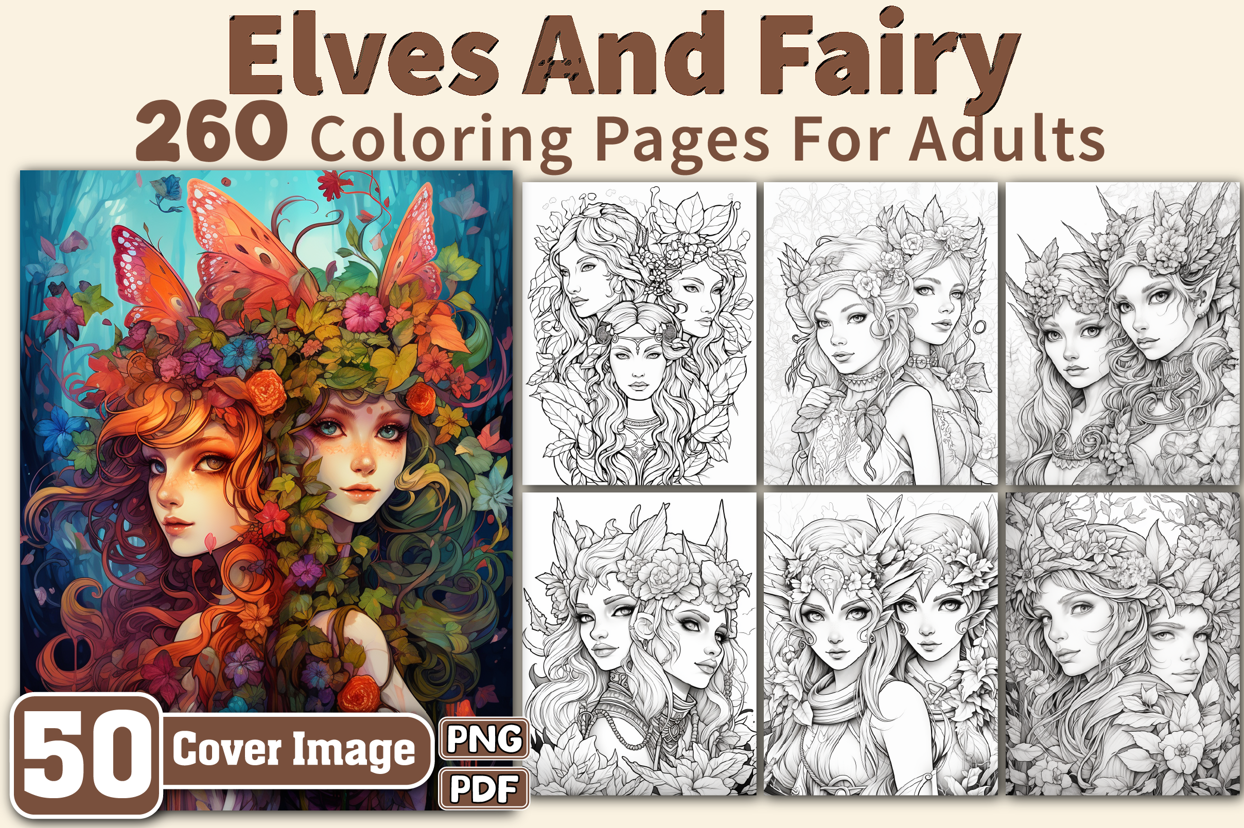 Elves and Fairy Coloring Page for Adults