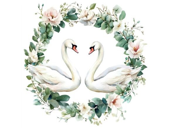10 Swans in Love Floral Wreath Clipart