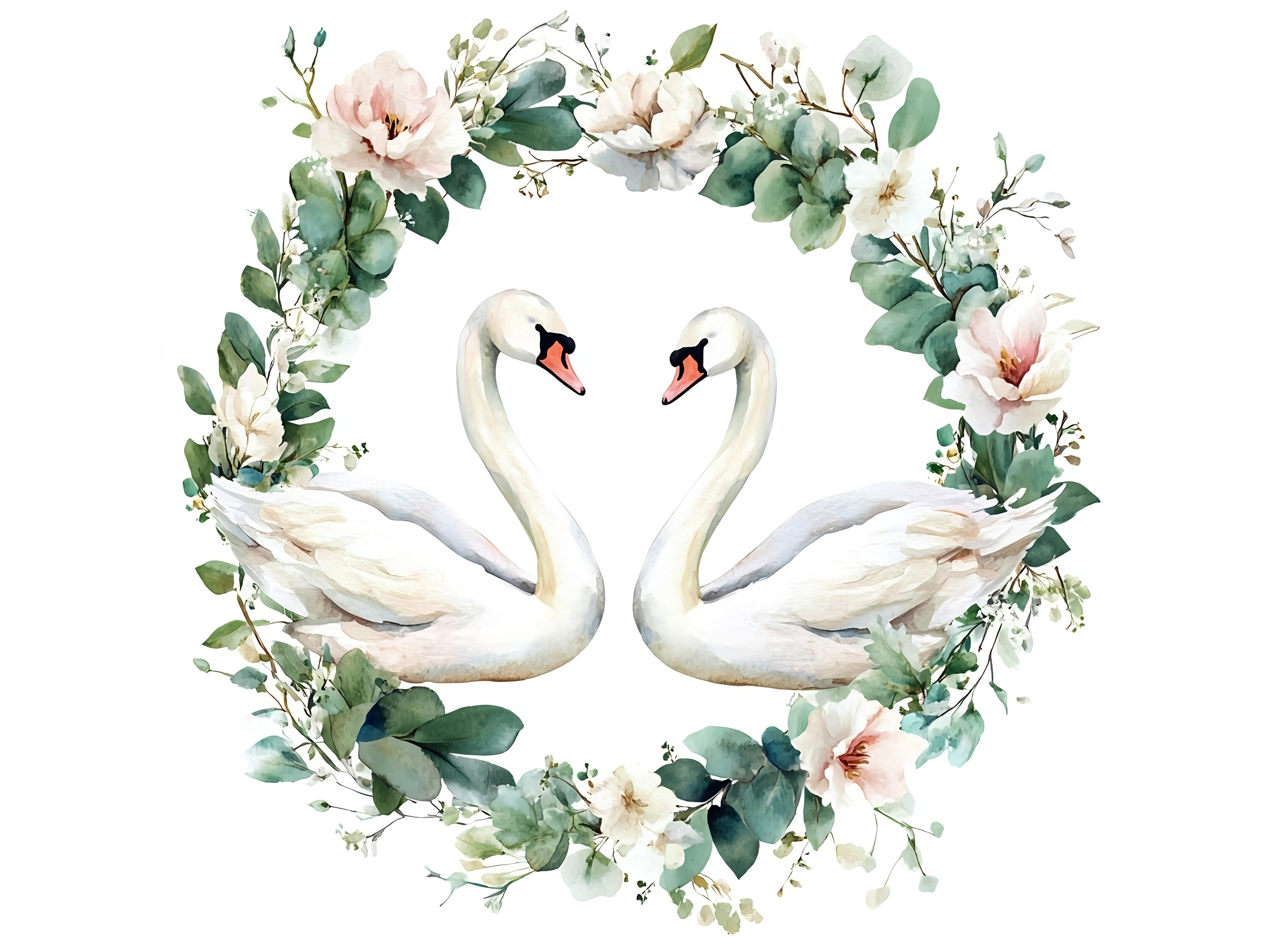 10 Swans in Love Floral Wreath Clipart