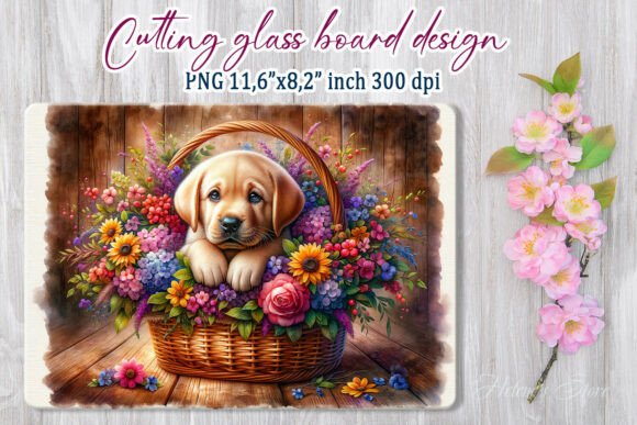 Dog in flowers basket cutting board design SVG for Cricut wood engraving and gift sets