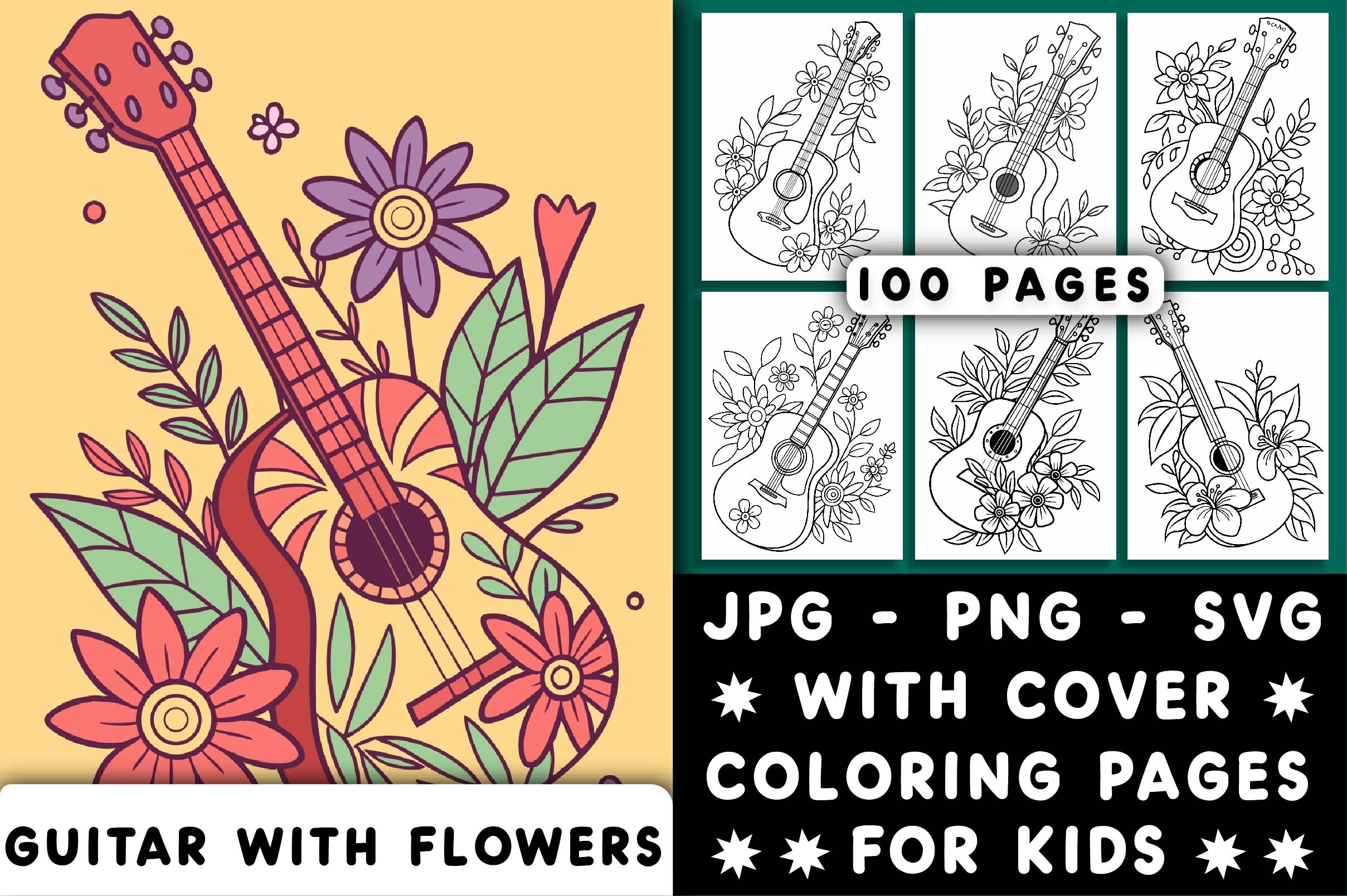 Guitar with Flowers Coloring Pages