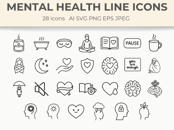 Mental Health Line Icons Minimal Vector Graphic Icons By CozyNest Studio