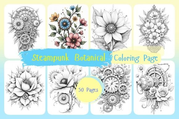 50 Steampunk Botanical Coloring Page Afbeelding AI Kleurplaten Door Amaze Digital Corner