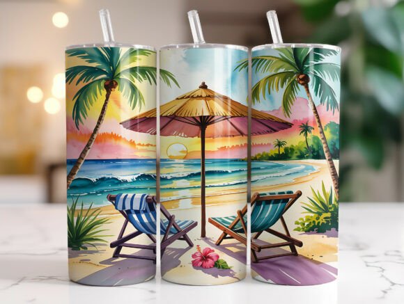 Beach Scene 20oz Tumbler Wrap PNG Design