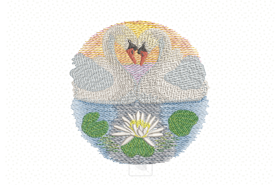 Swans on Lake with Water Lilies