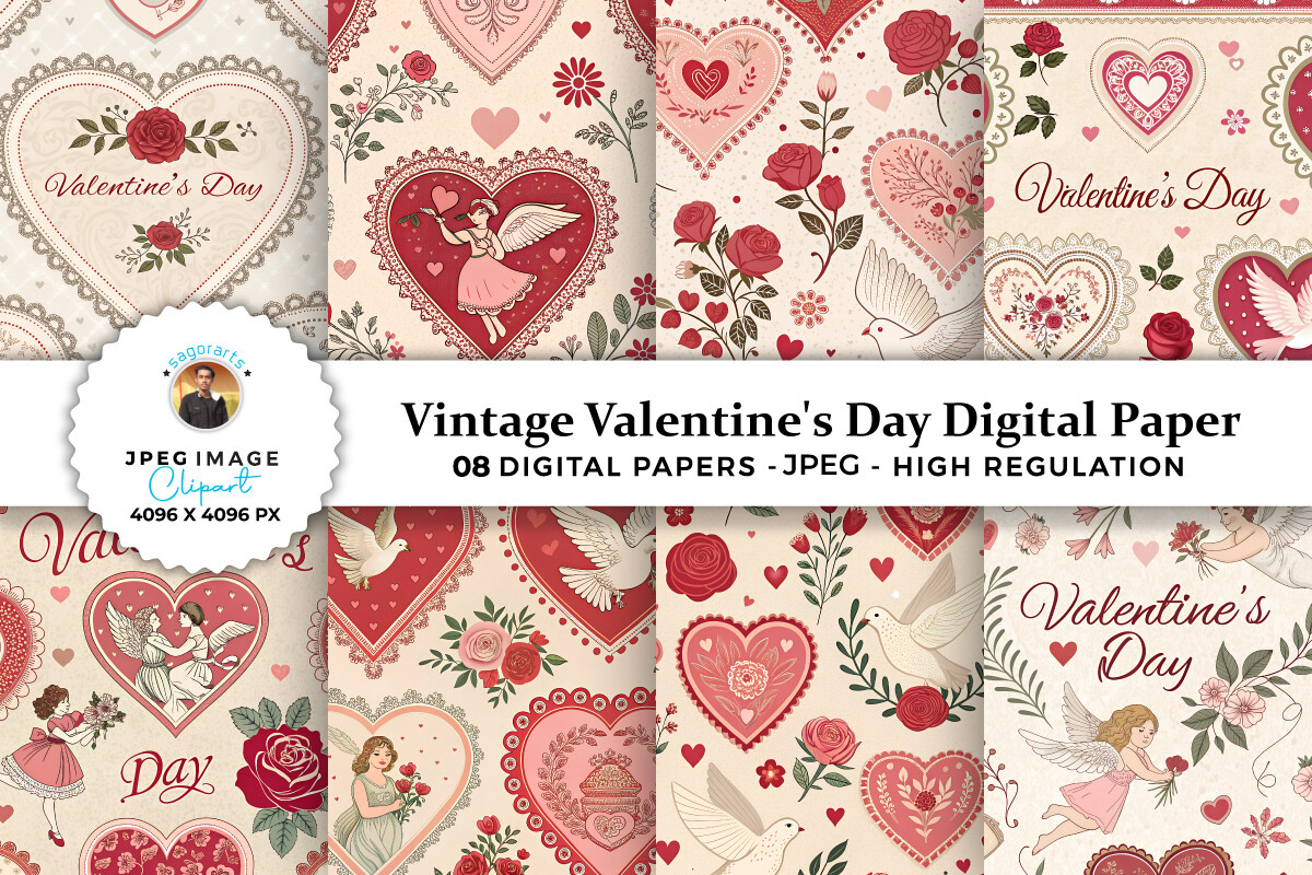 Vintage Valentine's Day Digital Paper Graphic by sagorarts · Creative ...