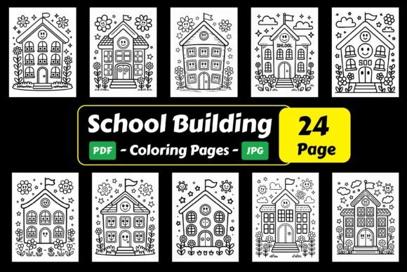 Cartoon School Building Coloring