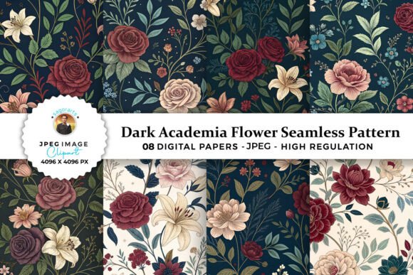 Dark Academia Flower Seamless Pattern Afbeelding Afdrukbare Illustraties Door sagorarts