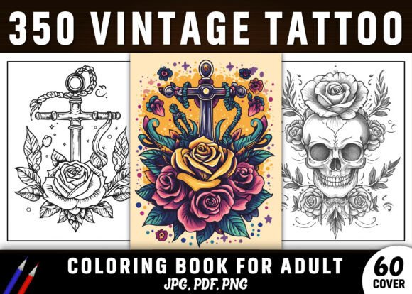 Preview of 350+ Vintage Tattoo Coloring Pages - KDP adult coloring pages