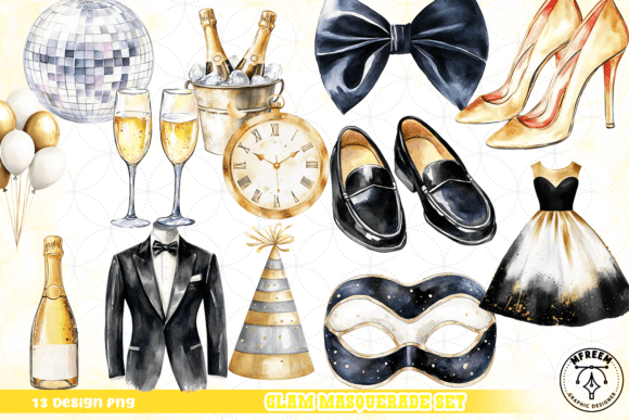 black aesthetic birthday maximalist glam masquerade clipart printable editable