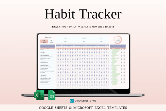 Habit Tracker for Google Sheets | Excel Graphic Graphic Templates By SpreadsheetsHub