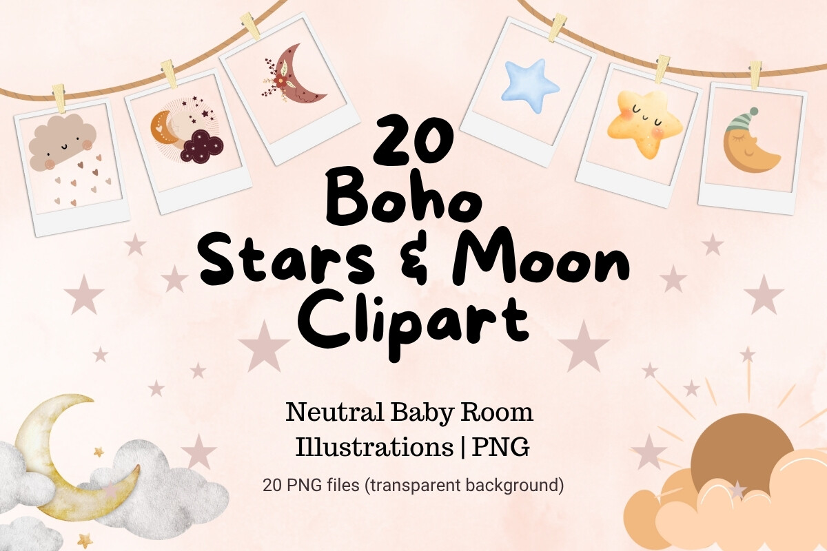 Boho Stars & Moon Clipart