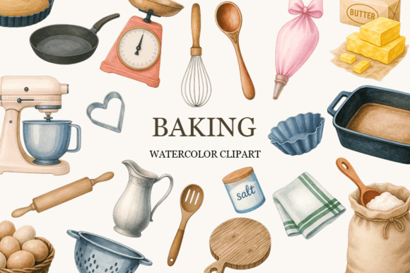set of 3 baking kitchen prints | cute kitchen decor |... Cute Baking Clipart – Watercolor Kitchen Graphic by ArwenLavia ...