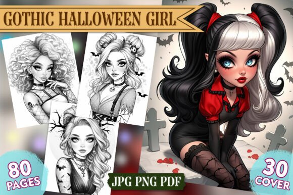 Cute Gothic Halloween Girl, Vol- 01 Graphic AI Coloring Pages By Magic Cat