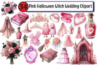 Pink Halloween Witch Wedding Clipart Graphic by Design Market ...
