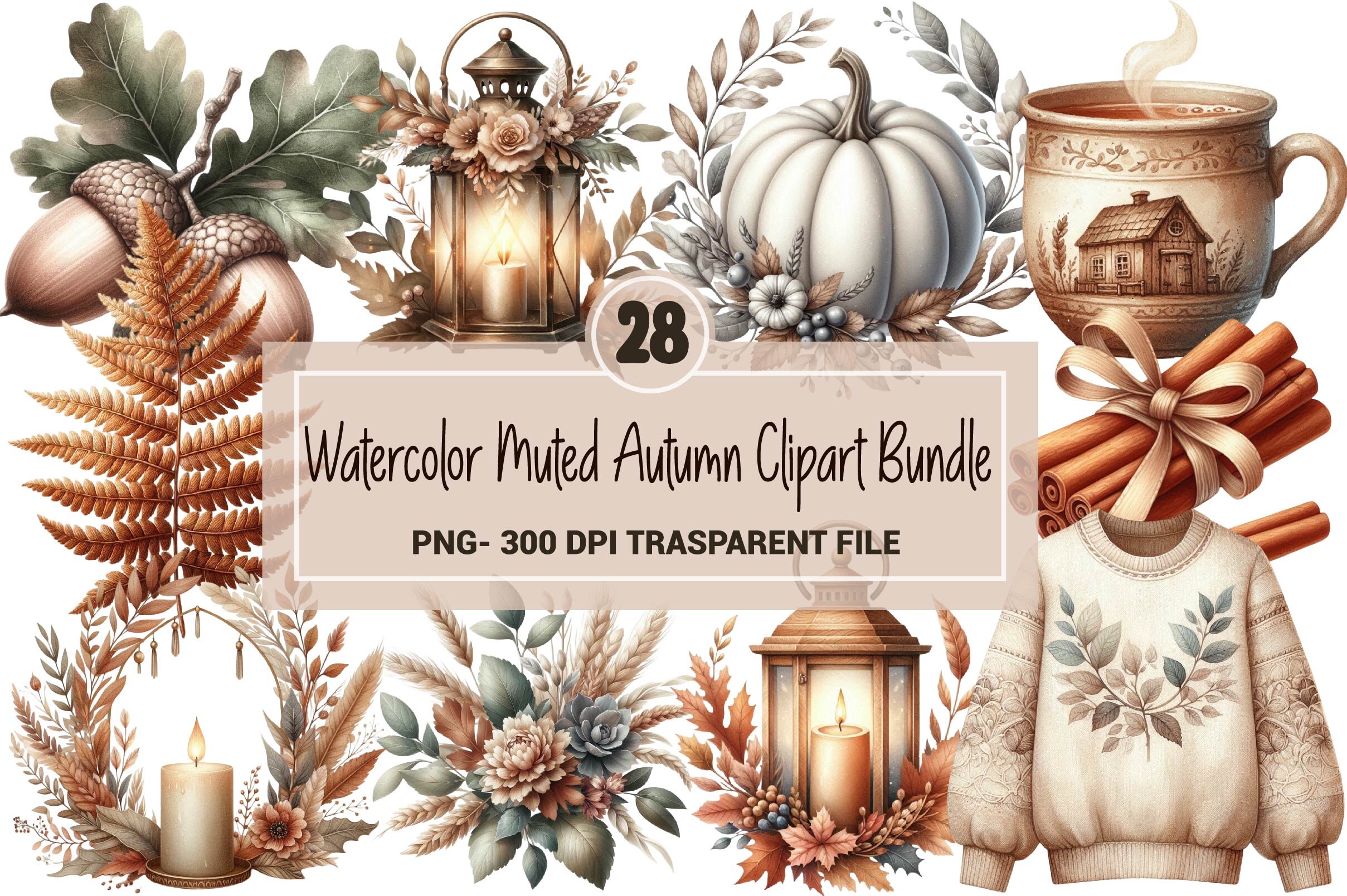 Watercolor Muted Autumn Clipart Bundle Graphic by WatercolorArt ...