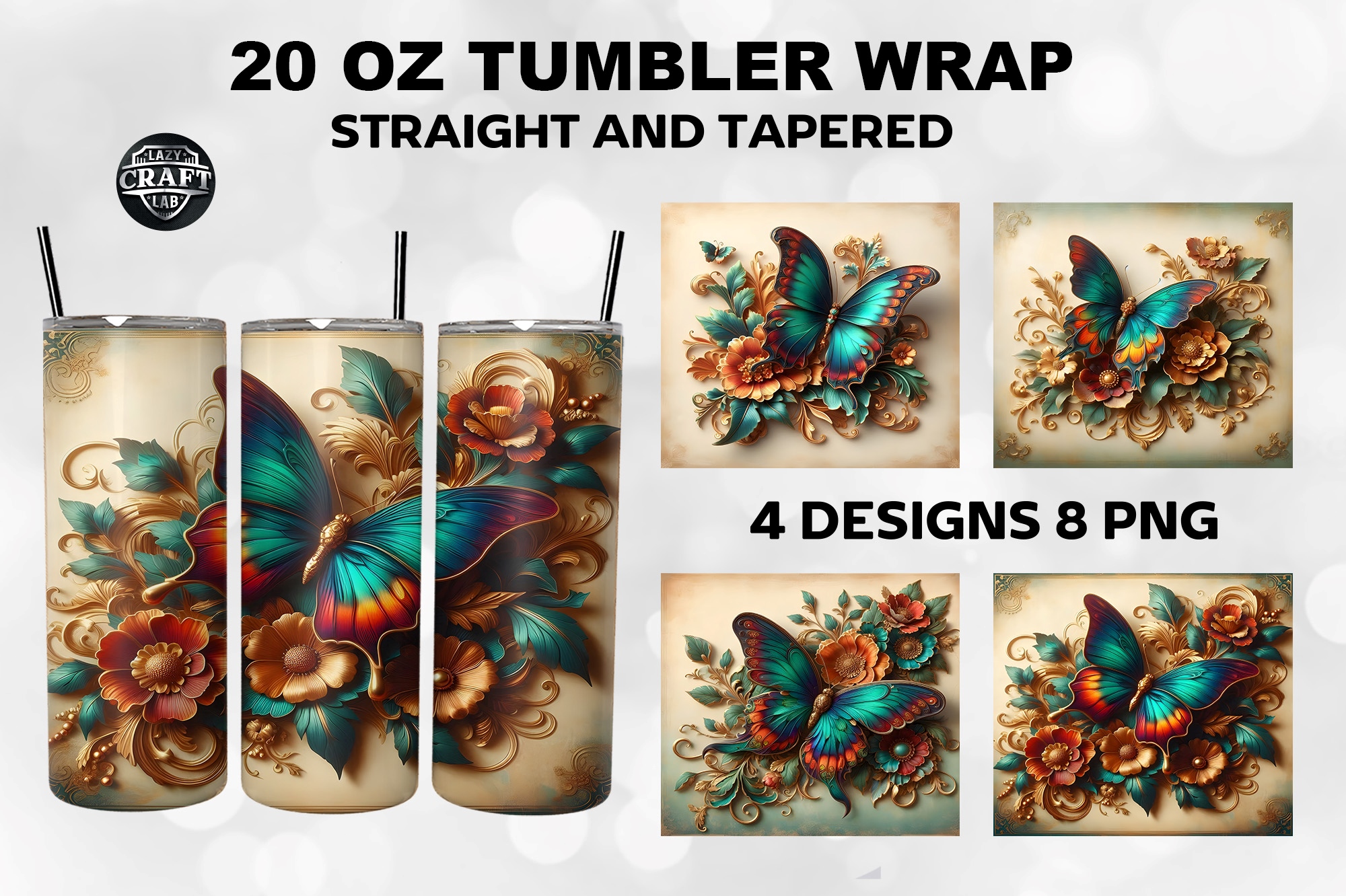 3D Vintage Butterfly Tumbler Wrap 20oz Graphic by LazyCraftlab ...