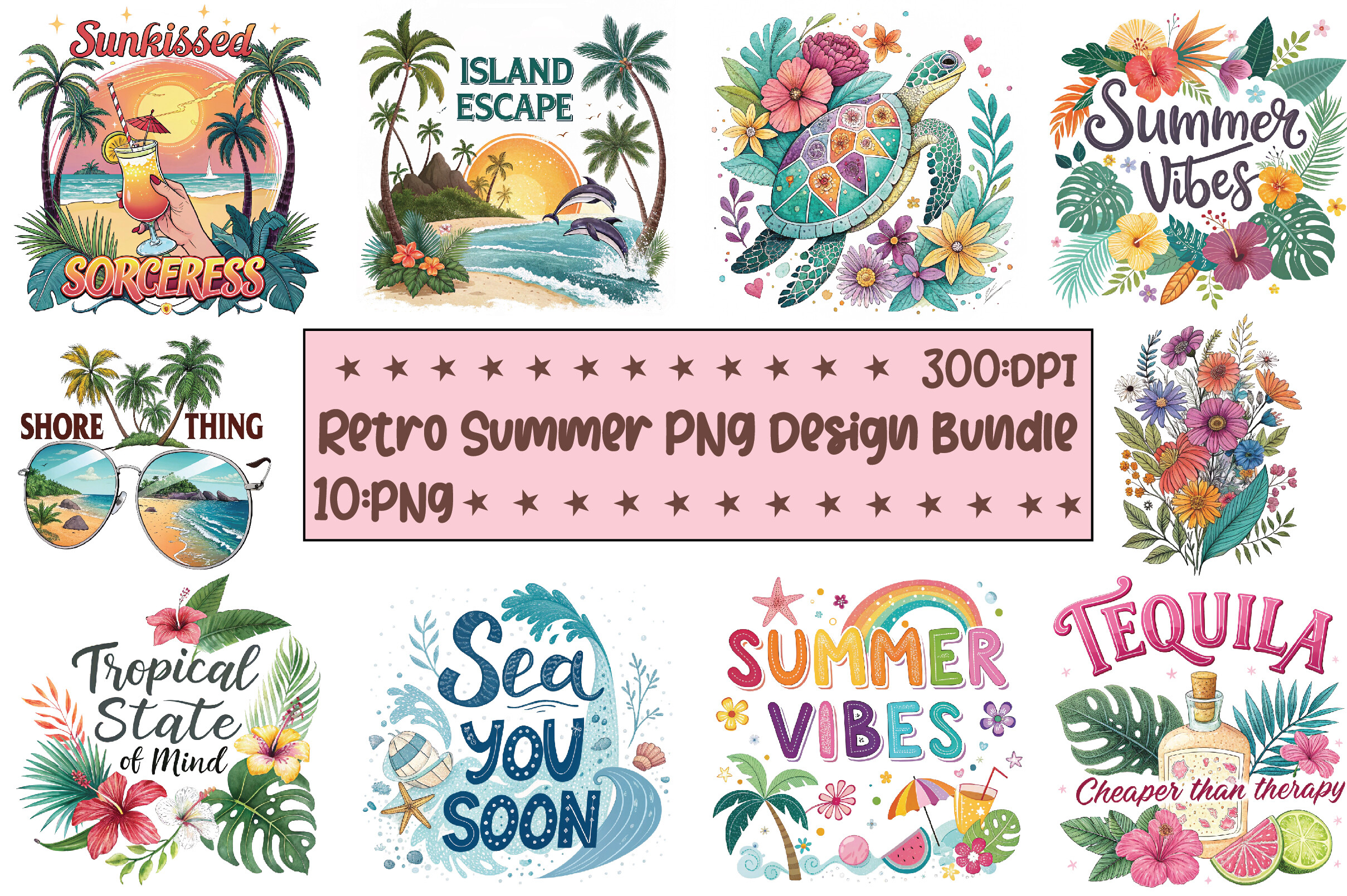 Retro Summer PNG Design Bundle Graphic by Printable-Graphics · Creative ...