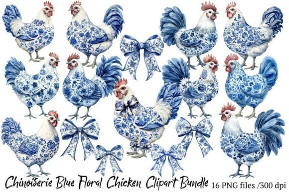 Chinoiserie Blue Floral Chicken Clipart