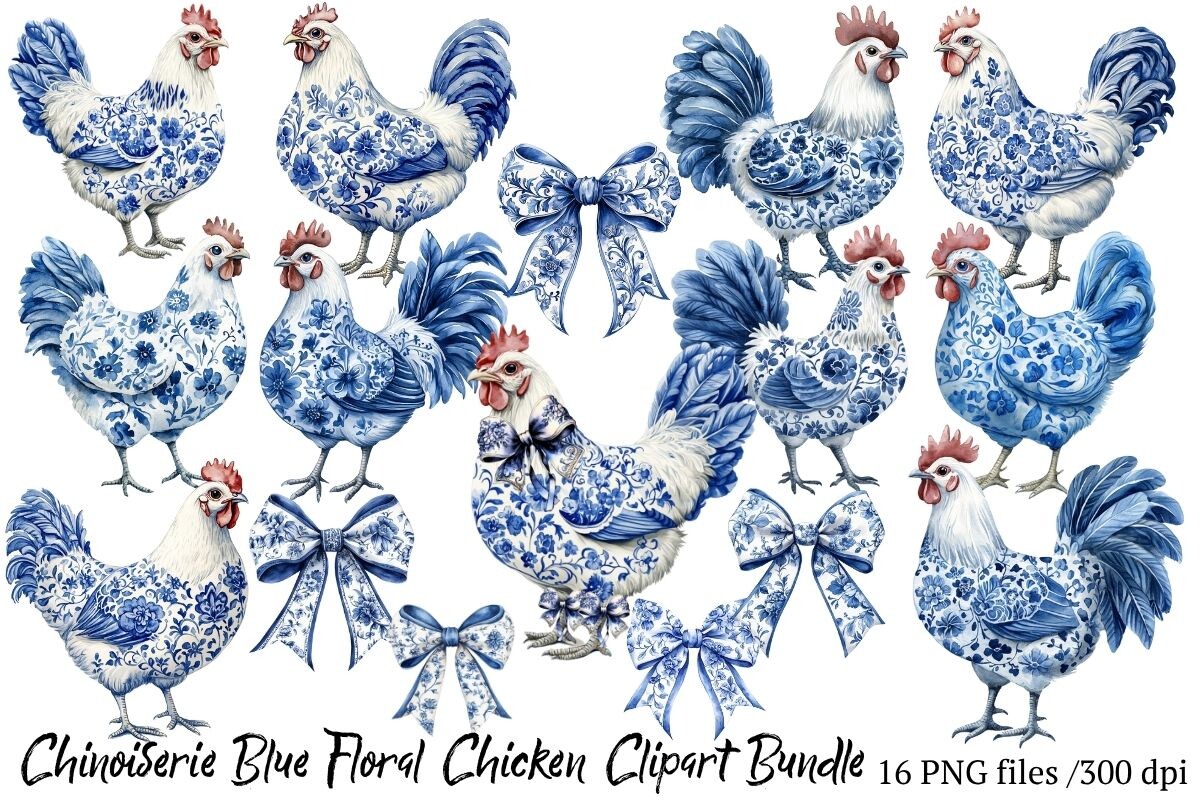 Chinoiserie Blue Floral Chicken Clipart
