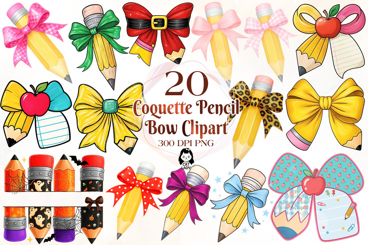 Coquette Pencil Bow School Clipart Graphic by Cat Lady · Creative Fabrica