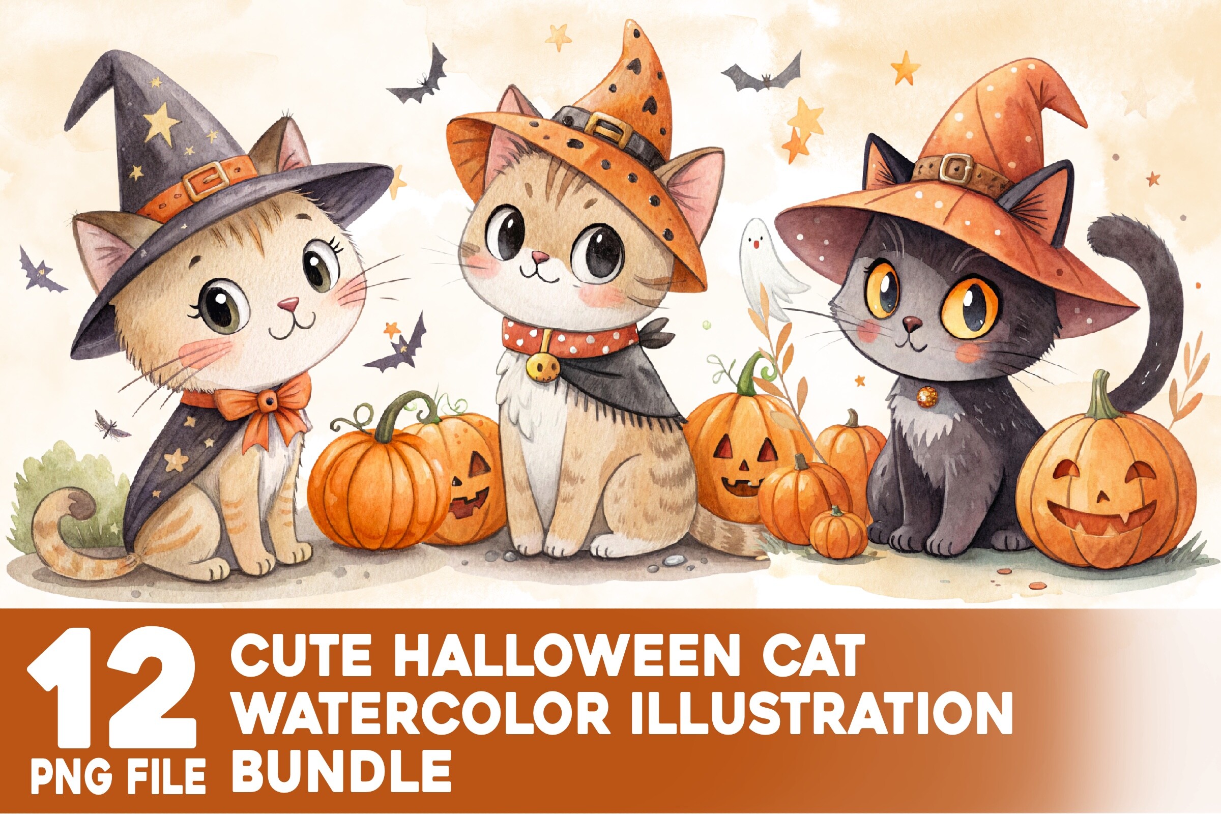 Cute Halloween Cat Watercolor Bundle Graphic by Hega Prakosa · Creative ...
